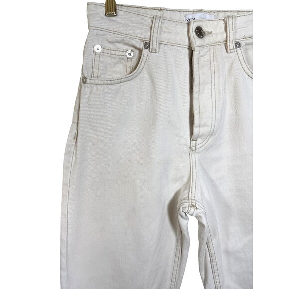Zara Off White Jeans Size 4‎ High Waist Straight Leg Button Fly Cotton Raw Hem - Picture 2 of 9